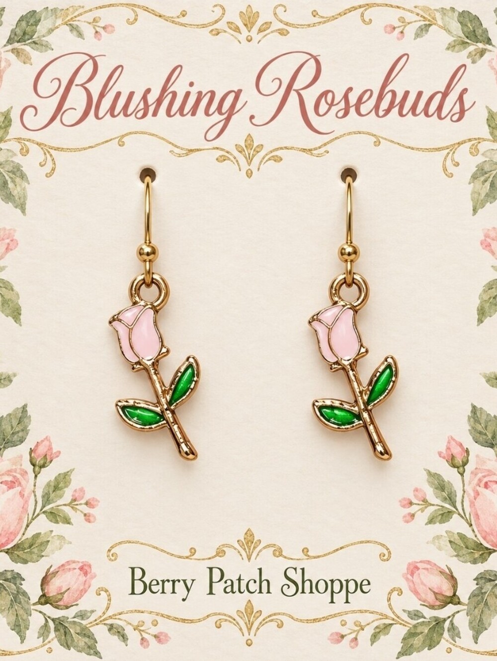 Blushing Rosebud Gold Dangle Drop Earrings
